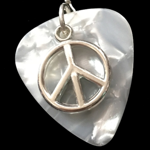 HAND Crafted Drop Earrings Repurposed Guitar Picks Peace Symbols Silver Plate - Picture 3 of 7